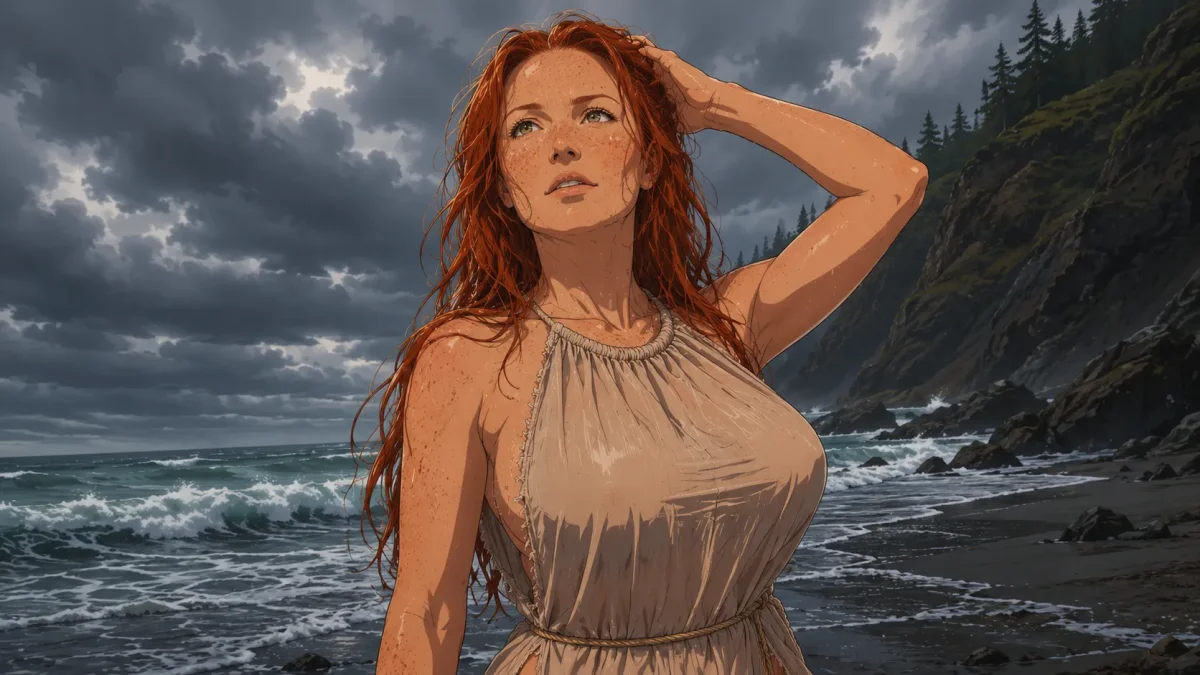 Red Haired Woman Stormy Shore